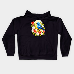 Cute Blue Bird Surrounded by Bold Vibrant Spring Flowers Kids Hoodie